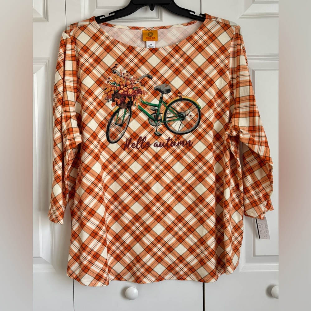 Plaid Long Sleeve Top with Bicycle Print